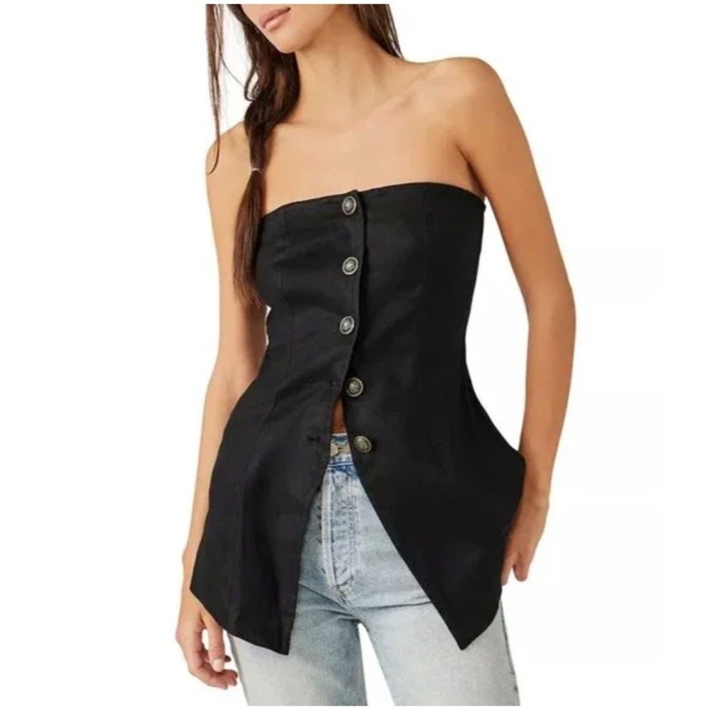 Free People Corset Top Women Size 4 Black Linen Strapless Button Front Buckle